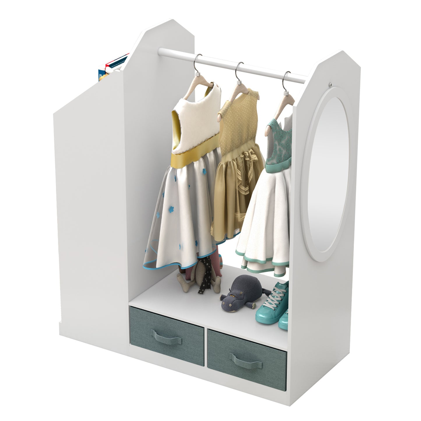 Keep your child's room neat and stylish with children's clothing storage racks and open hanging wardrobes. Features built-in mirrors and accessible design for kids.