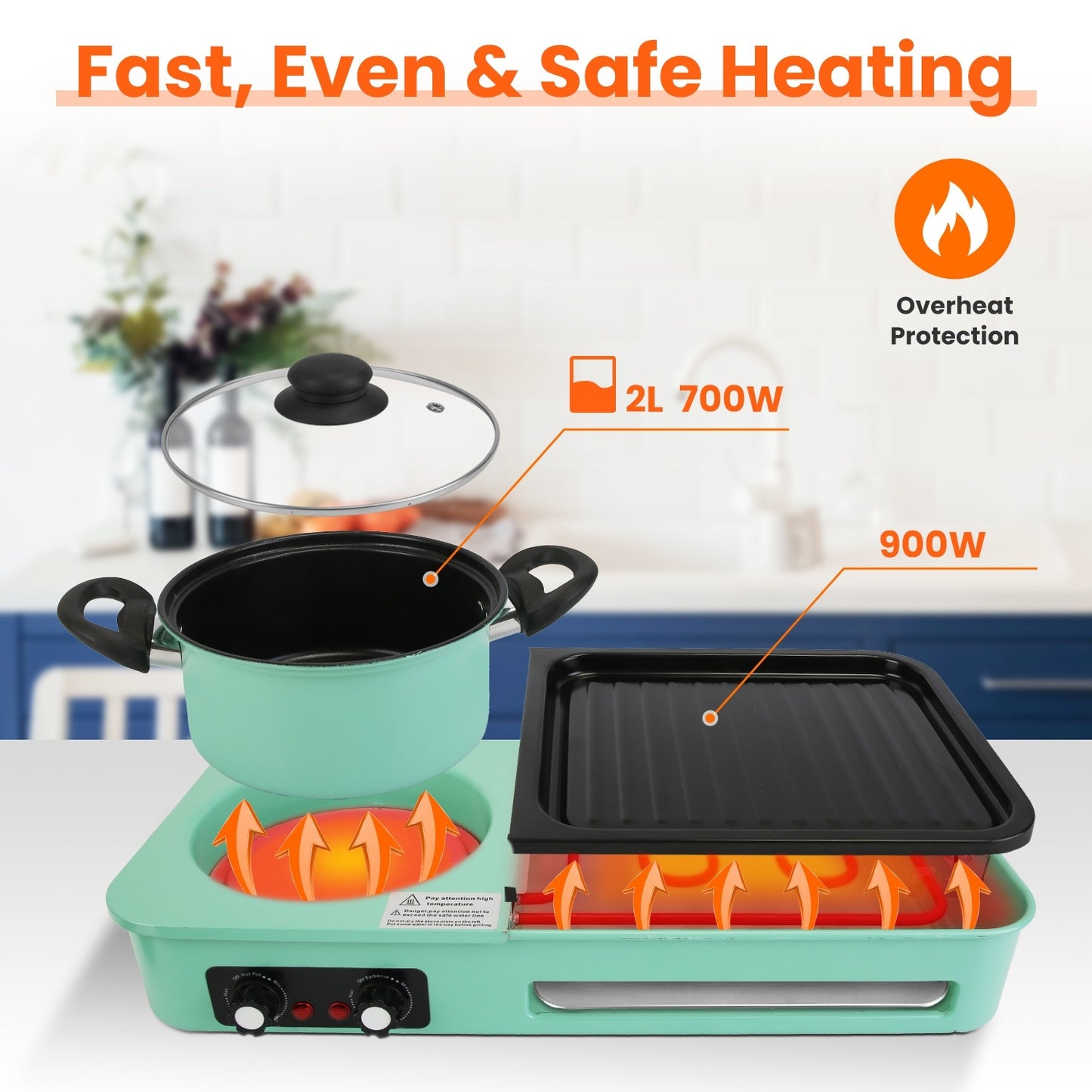 Enjoy Korean BBQ, shabu shabu, and hot pot all in one with this 3-in-1 electric grill. Features 1600W power, non-stick surface, and dual temperature control—perfect for 3–5 people.