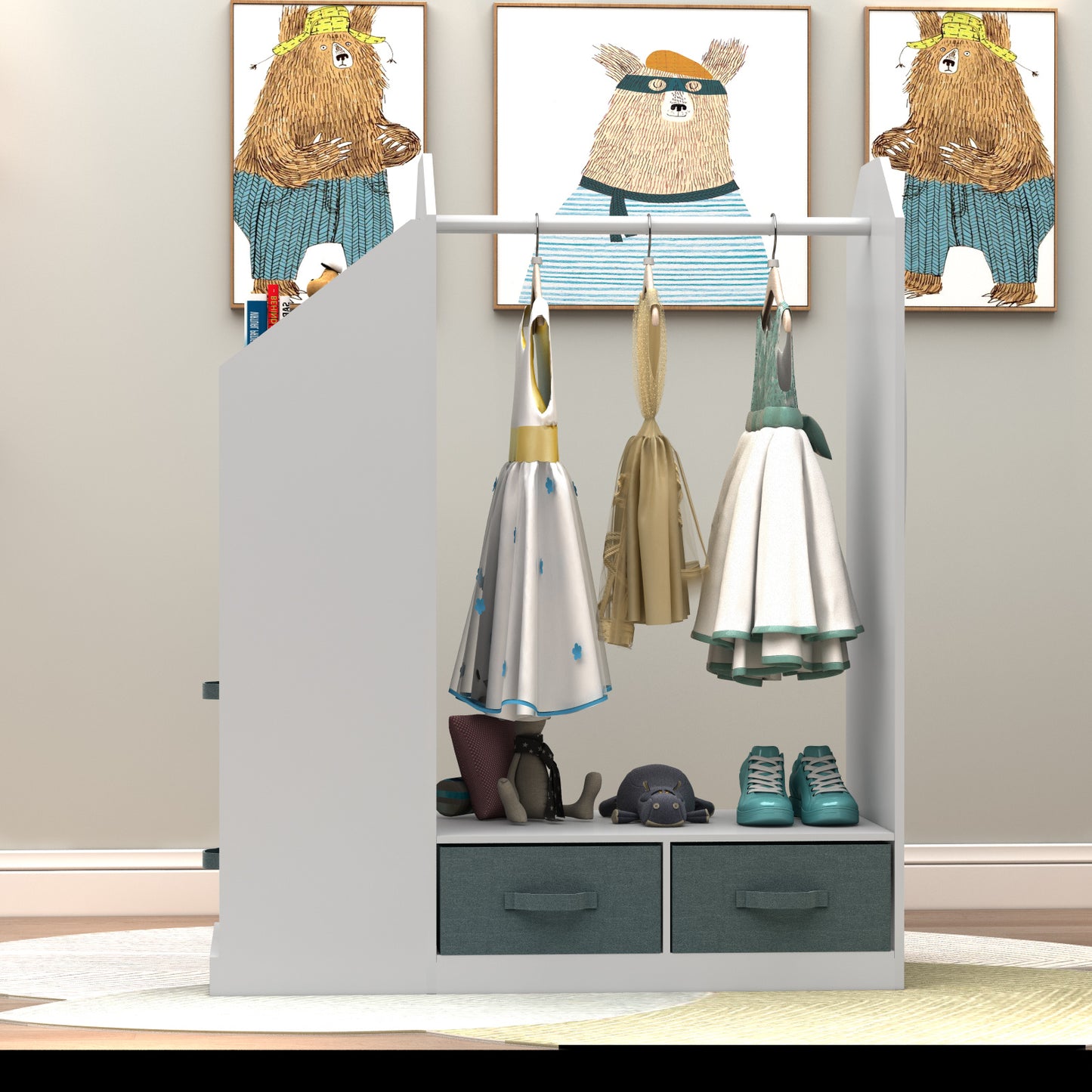 Keep your child's room neat and stylish with children's clothing storage racks and open hanging wardrobes. Features built-in mirrors and accessible design for kids.