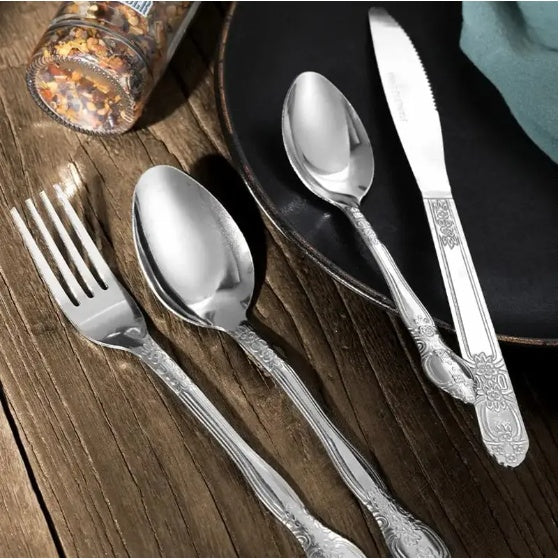 Deluxe Premium Cutlery Flatware Set For The Home Stainless Steel Cutlery Service With 1 Dinner Fork, 1 Dinner Knife, 1 Dinner Spoon And 1 Tea Spoon Durable, Elegant And Rust Resistance