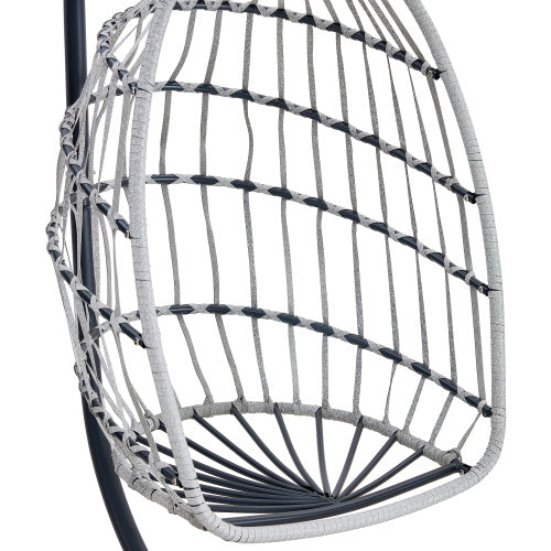 GRHeavy-Duty Iron Hanging Chair With Wicker Weave Single Person Swing For Indoor Outdoor Gray