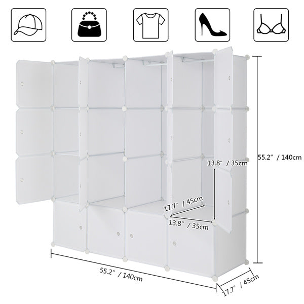 Organize your space with this 4-story, 16-grid cube wardrobe. Modular, space-saving design ideal for clothes, shoes, and accessories in bedrooms, dorms, or apartments.