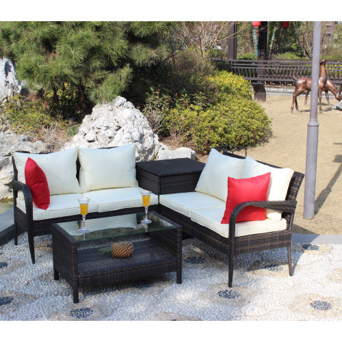Upgrade your outdoor space with this 4-piece brown wicker rattan patio furniture set. Includes sectional sofa and storage box—perfect for garden, deck, or backyard lounging.