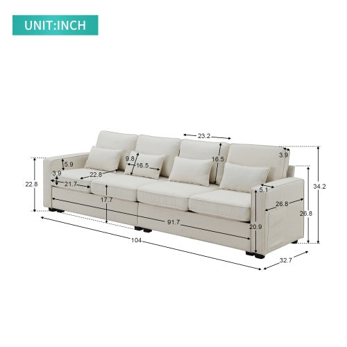 Modern 4-seater linen fabric sofa with armrest pockets and 4 pillows. Stylish and functional couch for U.S. homes, apartments, and offices. Available in 2 colors.