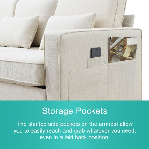 Modern 4-seater linen fabric sofa with armrest pockets and 4 pillows. Stylish and functional couch for U.S. homes, apartments, and offices. Available in 2 colors.