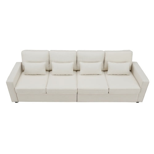 Modern 4-seater linen fabric sofa with armrest pockets and 4 pillows. Stylish and functional couch for U.S. homes, apartments, and offices. Available in 2 colors.