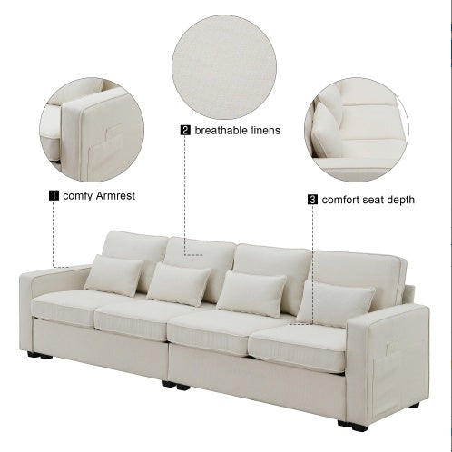 Modern 4-seater linen fabric sofa with armrest pockets and 4 pillows. Stylish and functional couch for U.S. homes, apartments, and offices. Available in 2 colors.