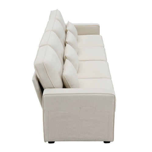 Modern 4-seater linen fabric sofa with armrest pockets and 4 pillows. Stylish and functional couch for U.S. homes, apartments, and offices. Available in 2 colors.