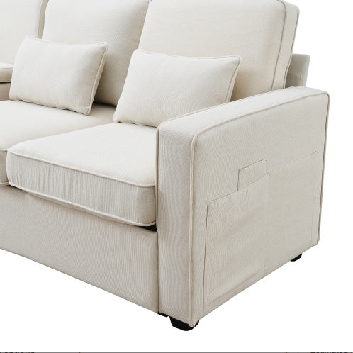 Modern 4-seater linen fabric sofa with armrest pockets and 4 pillows. Stylish and functional couch for U.S. homes, apartments, and offices. Available in 2 colors.