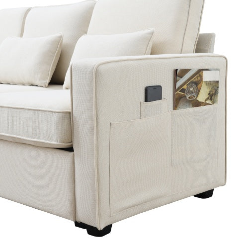 Modern 4-seater linen fabric sofa with armrest pockets and 4 pillows. Stylish and functional couch for U.S. homes, apartments, and offices. Available in 2 colors.