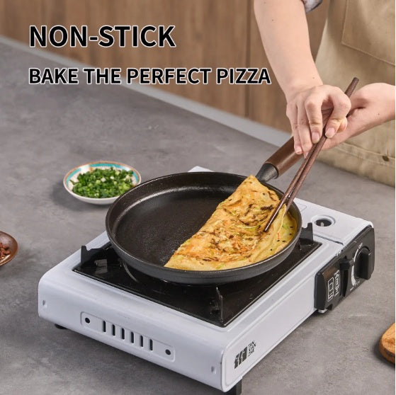WANGYUANJI Cast Iron Pizza Pan 7.9, Uncoated Pancake Skillet For Indoor And Outdoor, Non-Stick Skillet With Wooden Handle, Handmade Pancakes, Pizza, Fried Steak