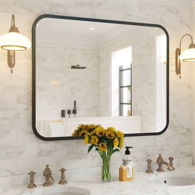 Black Bathroom Wall Mirror For Over Sink Rectangle Vanity Mirror With Round Corner For Bedroom Seamless Anti-Rust Polymer Coated Shatterproof Glass Horizontally Vertically