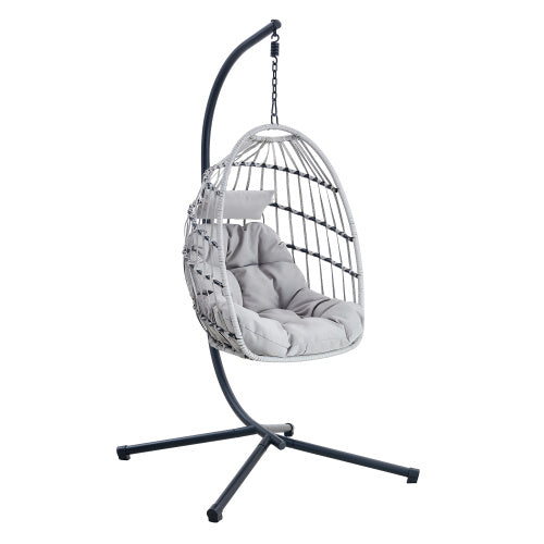 GRHeavy-Duty Iron Hanging Chair With Wicker Weave Single Person Swing For Indoor Outdoor Gray