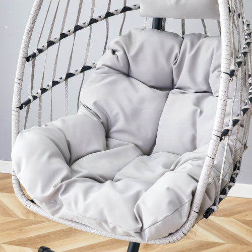 GRHeavy-Duty Iron Hanging Chair With Wicker Weave Single Person Swing For Indoor Outdoor Gray