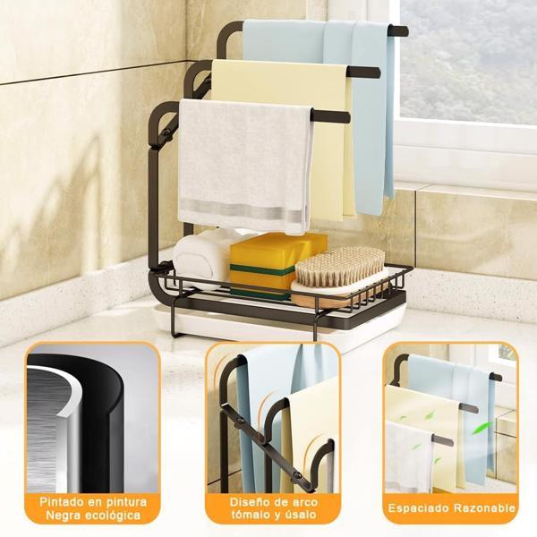 Keep your sink area tidy with this kitchen sponge rack and drain tray. Features metal shelf design for holding sponges, brushes, and soap in one convenient organizer