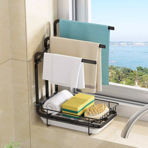 Keep your sink area tidy with this kitchen sponge rack and drain tray. Features metal shelf design for holding sponges, brushes, and soap in one convenient organizer