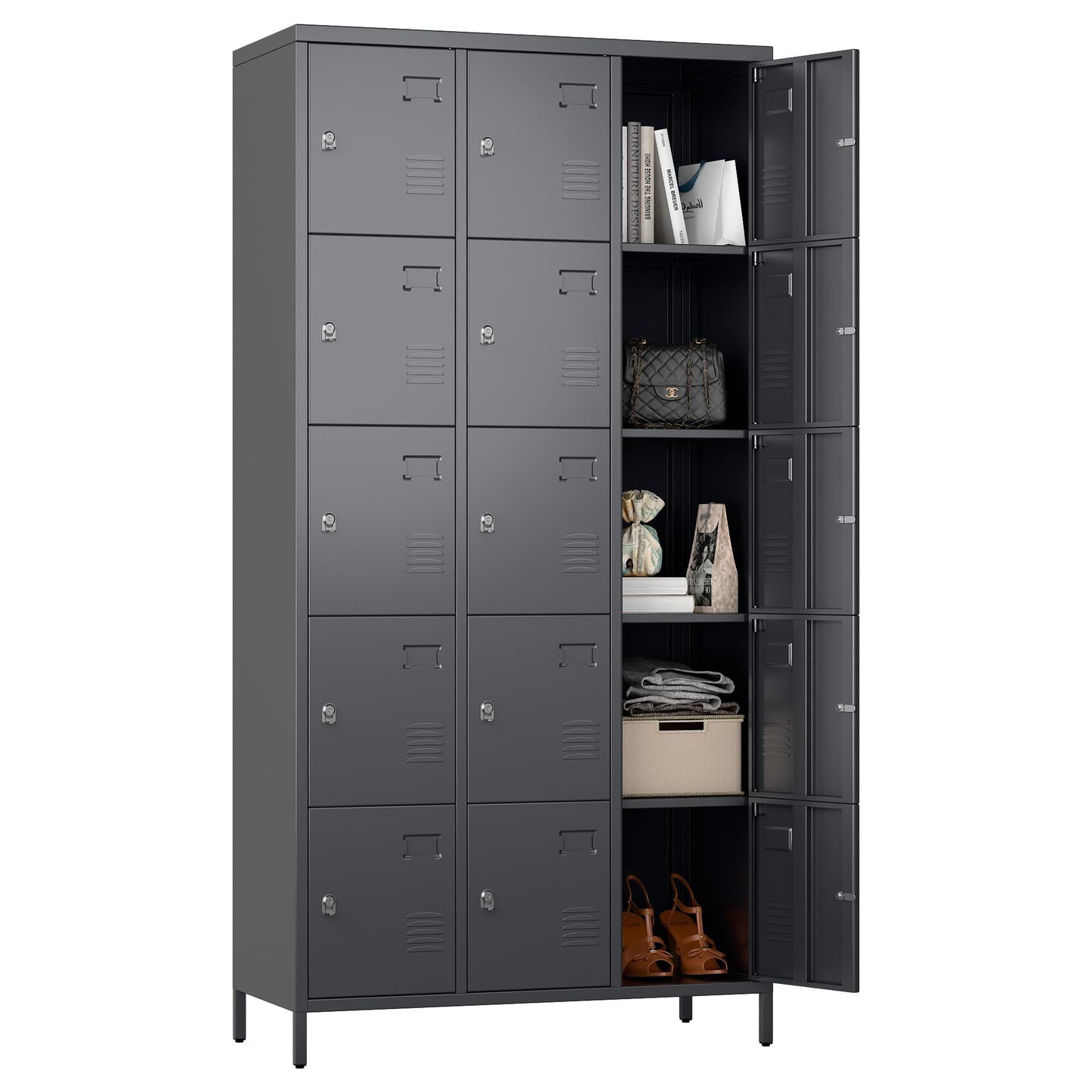 Durable 15-door metal lockers in dark gray—ideal for offices, schools, gyms, or home use. Secure, ventilated storage with modern design. Assembly required
