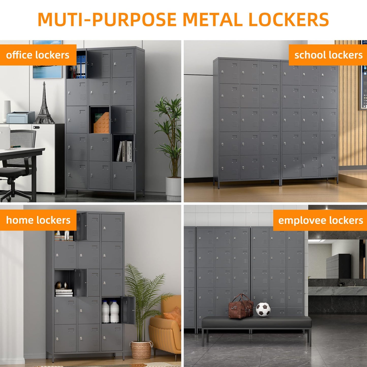 Durable 15-door metal lockers in dark gray—ideal for offices, schools, gyms, or home use. Secure, ventilated storage with modern design. Assembly required