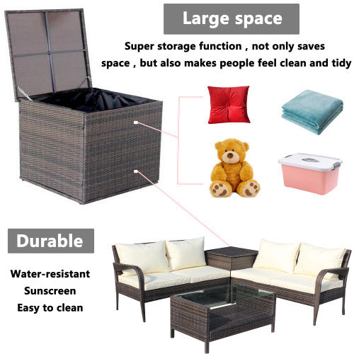 Upgrade your outdoor space with this 4-piece brown wicker rattan patio furniture set. Includes sectional sofa and storage box—perfect for garden, deck, or backyard lounging.
