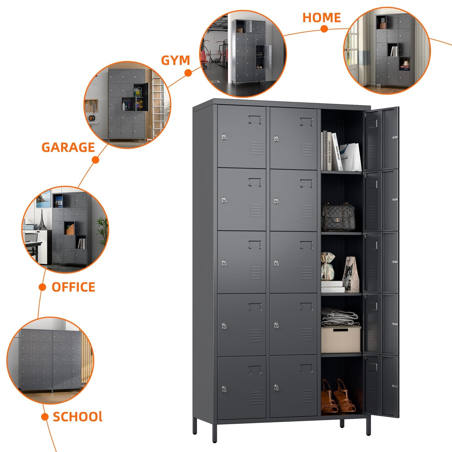 Durable 15-door metal lockers in dark gray—ideal for offices, schools, gyms, or home use. Secure, ventilated storage with modern design. Assembly required