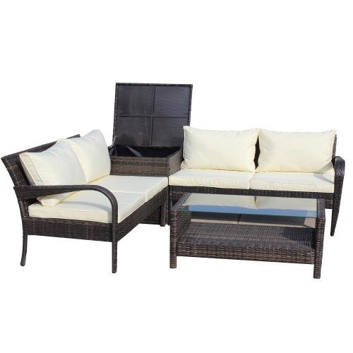 Upgrade your outdoor space with this 4-piece brown wicker rattan patio furniture set. Includes sectional sofa and storage box—perfect for garden, deck, or backyard lounging.