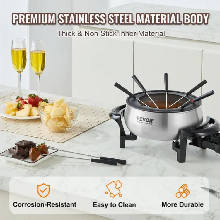VEVOR Electric Fondue Pot Set For Cheese & Chocolate, 3 Quart Chocolate Melting Warmer, Stainless Steel Fondue Maker With Temperature Control And 8 Forks, For Hors D'Oeuvres, Entrees, And Desserts