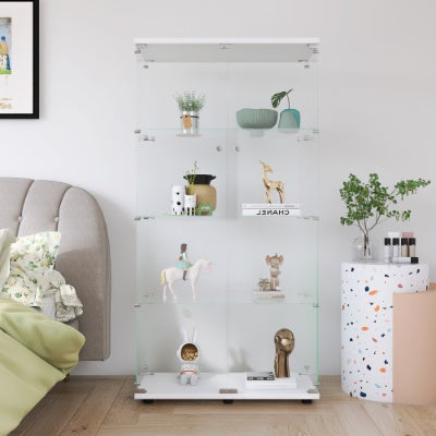 Wo-door Glass Display Cabinet 4 Shelves With Door, Floor Standing Curio Bookshelf For Living Room Bedroom Office, 64.7x31.7x14.3, White