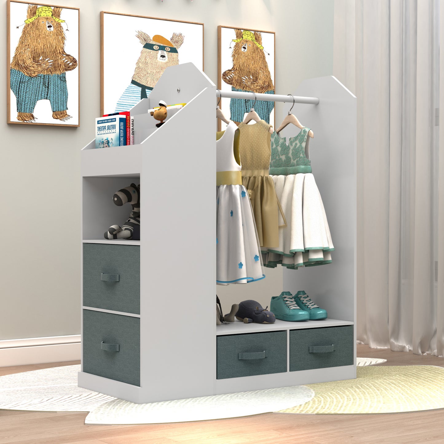 Keep your child's room neat and stylish with children's clothing storage racks and open hanging wardrobes. Features built-in mirrors and accessible design for kids.