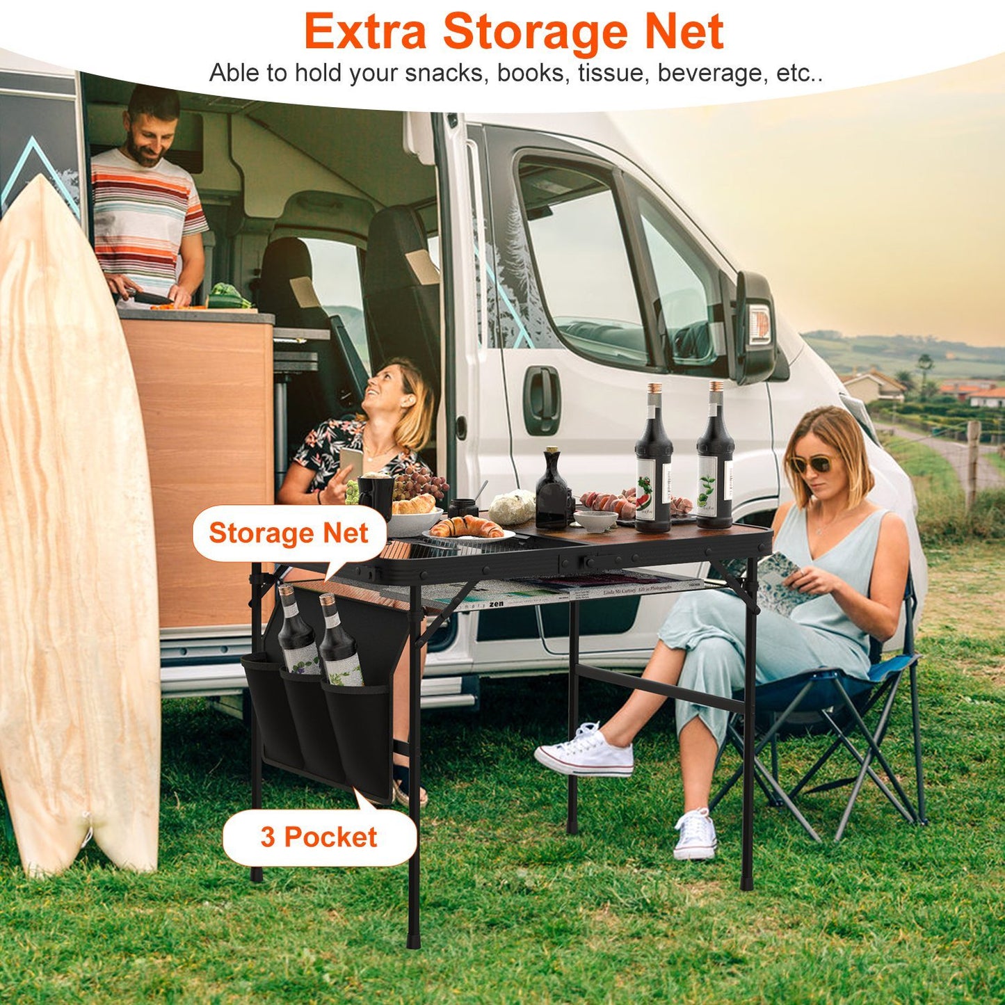 Foldable Camping Table Collapsible Picnic Aluminum Alloy Grill Stand 35.43x23.62x26in 66LBS Max Load Height Adjustable BBQ Table With Adjustable Height Storage Net