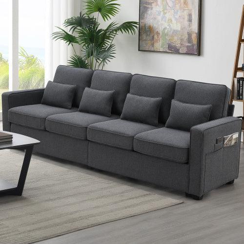 Modern 4-seater linen fabric sofa with armrest pockets and 4 pillows. Stylish and functional couch for U.S. homes, apartments, and offices. Available in 2 colors.