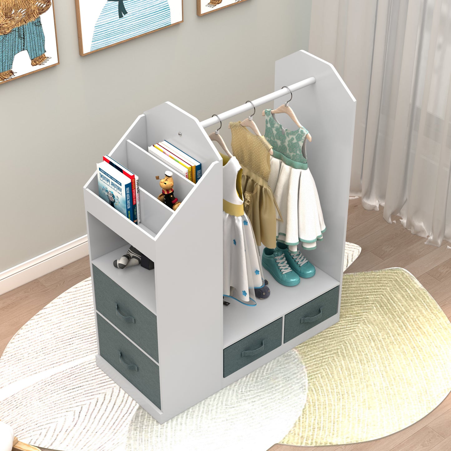Keep your child's room neat and stylish with children's clothing storage racks and open hanging wardrobes. Features built-in mirrors and accessible design for kids.