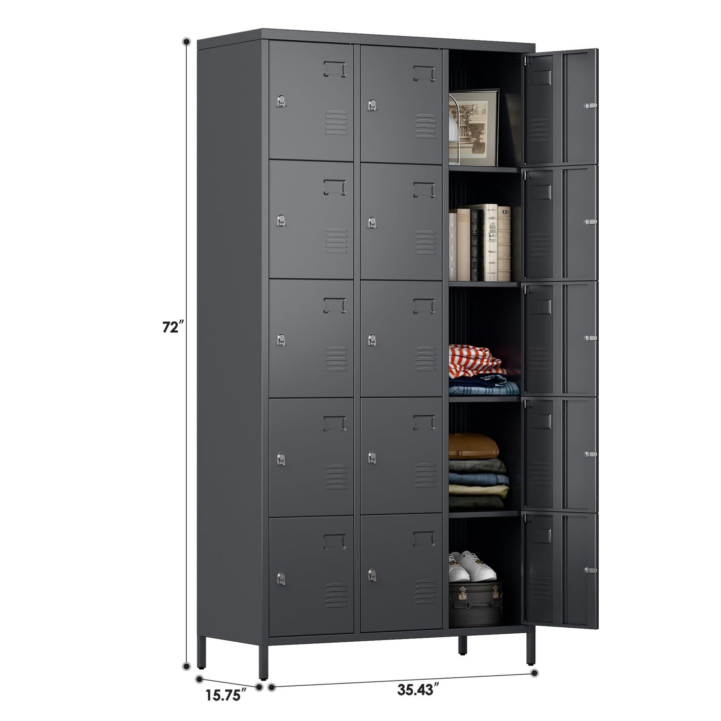 Durable 15-door metal lockers in dark gray—ideal for offices, schools, gyms, or home use. Secure, ventilated storage with modern design. Assembly required