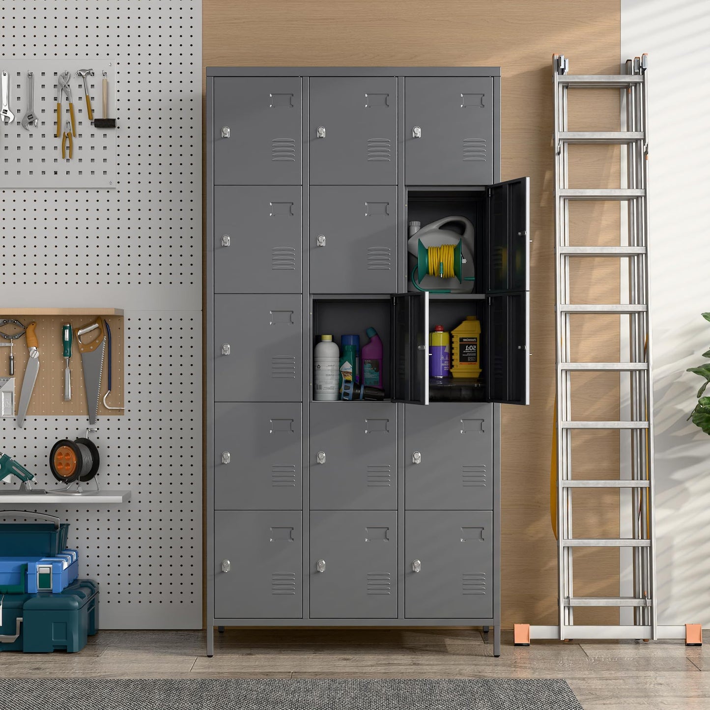 Durable 15-door metal lockers in dark gray—ideal for offices, schools, gyms, or home use. Secure, ventilated storage with modern design. Assembly required
