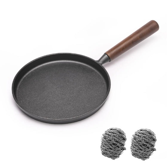 WANGYUANJI Cast Iron Pizza Pan 7.9, Uncoated Pancake Skillet For Indoor And Outdoor, Non-Stick Skillet With Wooden Handle, Handmade Pancakes, Pizza, Fried Steak