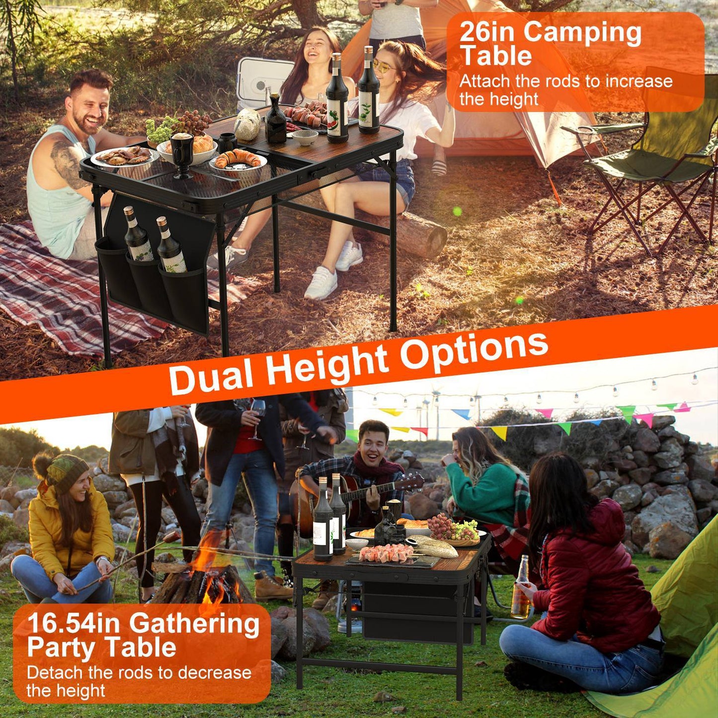 Foldable Camping Table Collapsible Picnic Aluminum Alloy Grill Stand 35.43x23.62x26in 66LBS Max Load Height Adjustable BBQ Table With Adjustable Height Storage Net