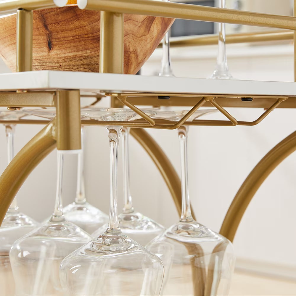 2-Tier Bar Cart,Gold Wine Cart With Wine Rack & Glass Holder,Mobile Bar Serving Cart,for Party,Home,Rolling Drink Trolley For Living Room