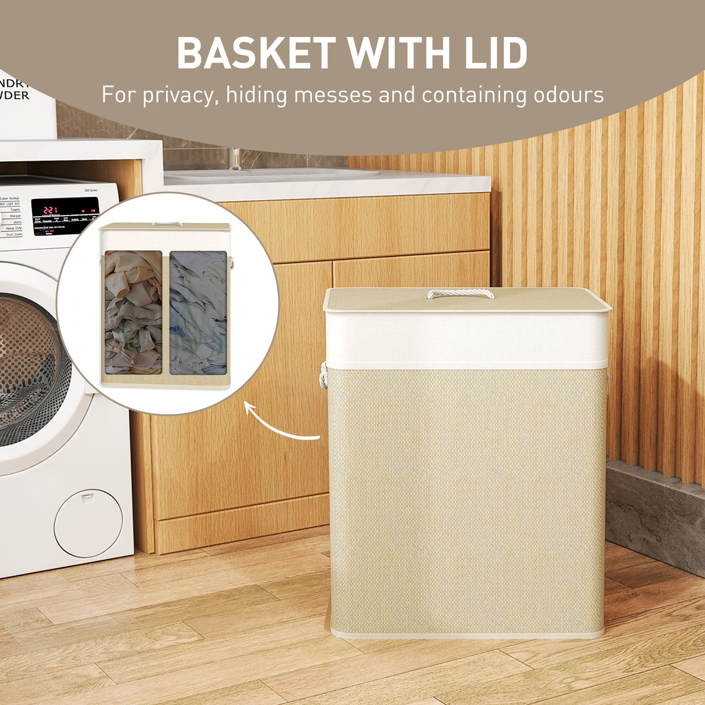 Double Laundry Basket With Lid, 26.4 Gallon Bamboo Laundry Hamper With Rope Handles And Removable Liner, Natural