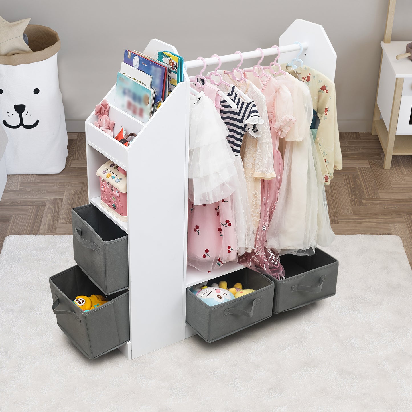 Keep your child's room neat and stylish with children's clothing storage racks and open hanging wardrobes. Features built-in mirrors and accessible design for kids.