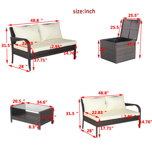 Upgrade your outdoor space with this 4-piece brown wicker rattan patio furniture set. Includes sectional sofa and storage box—perfect for garden, deck, or backyard lounging.