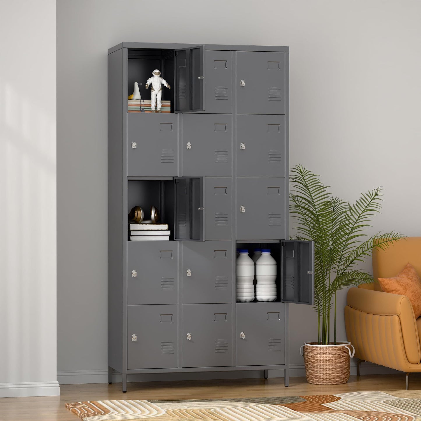 Durable 15-door metal lockers in dark gray—ideal for offices, schools, gyms, or home use. Secure, ventilated storage with modern design. Assembly required