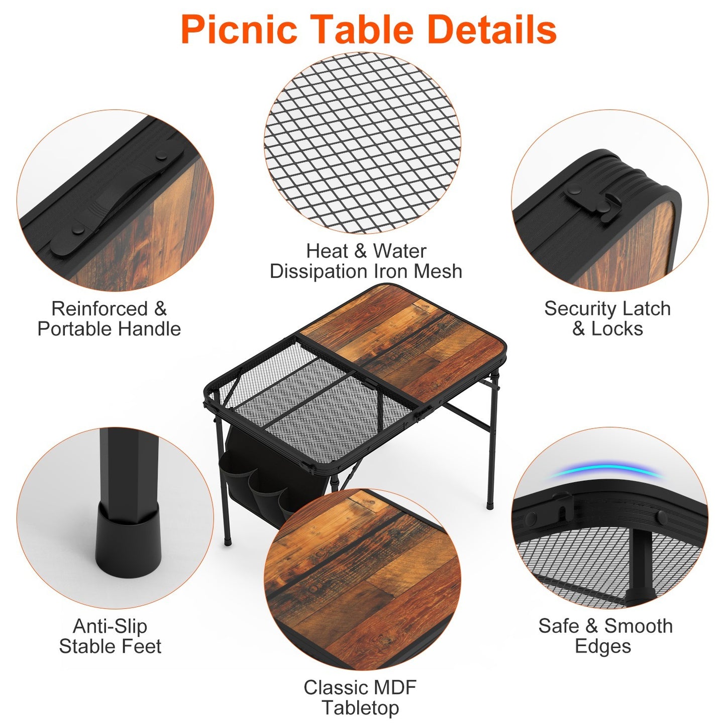 Foldable Camping Table Collapsible Picnic Aluminum Alloy Grill Stand 35.43x23.62x26in 66LBS Max Load Height Adjustable BBQ Table With Adjustable Height Storage Net