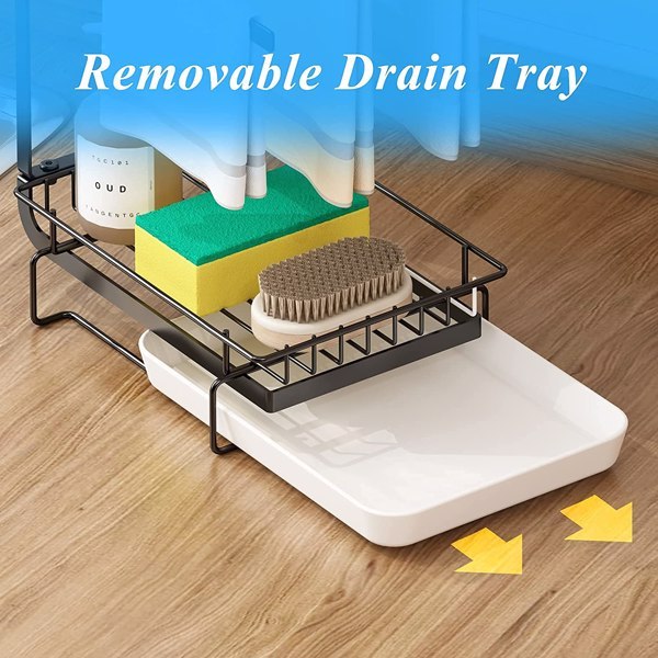 Keep your sink area tidy with this kitchen sponge rack and drain tray. Features metal shelf design for holding sponges, brushes, and soap in one convenient organizer