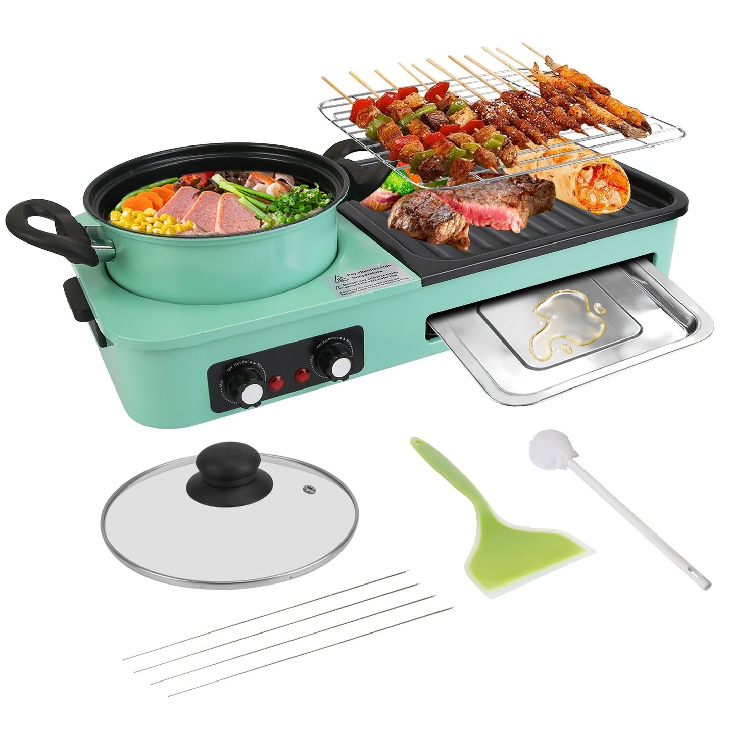 Enjoy Korean BBQ, shabu shabu, and hot pot all in one with this 3-in-1 electric grill. Features 1600W power, non-stick surface, and dual temperature control—perfect for 3–5 people.