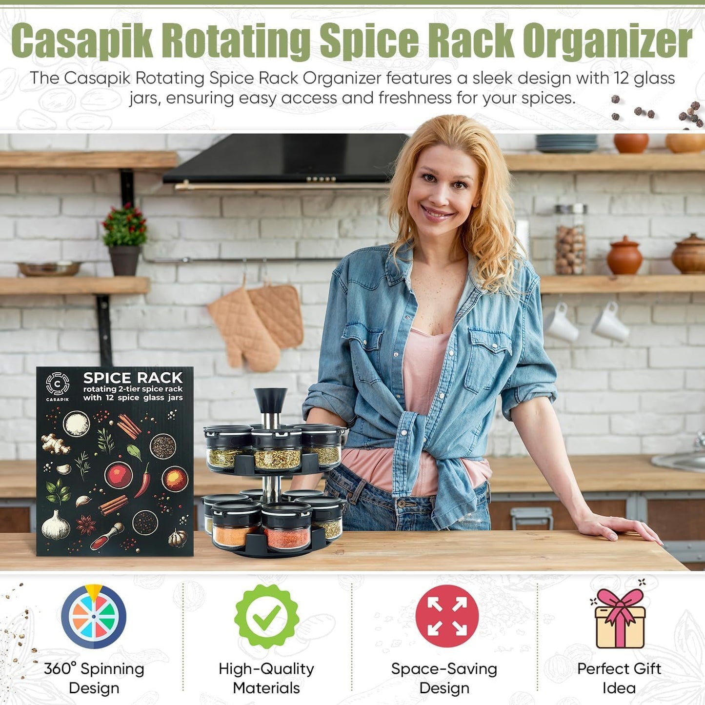 Revolving Spice Rack Organizer Countertop, Spinning Spice Storage Rack Tower Organizer With 12 Empty Jars, Rotating Spice Holder Shelf Seasoning Rack Shelf, Spice Seasoning Bottle Organizer