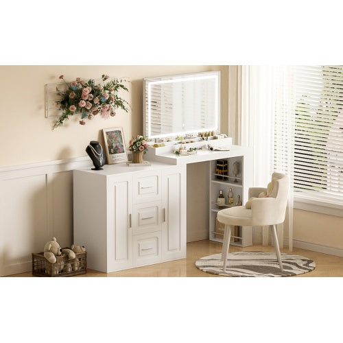 59Makeup Vanity Desk With Mirror, Vanity Mirror With Lights, Dressing Table With 3 Drawers And 2 Cabinets, Vanity Table With Storage Shelves For Bedroom, White