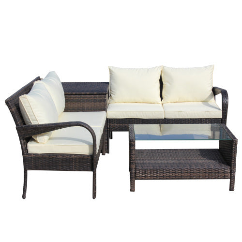 Upgrade your outdoor space with this 4-piece brown wicker rattan patio furniture set. Includes sectional sofa and storage box—perfect for garden, deck, or backyard lounging.