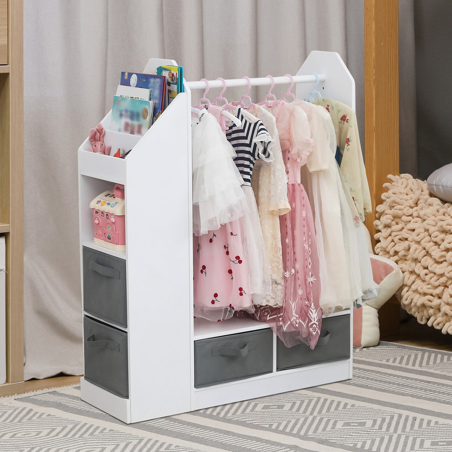 Keep your child's room neat and stylish with children's clothing storage racks and open hanging wardrobes. Features built-in mirrors and accessible design for kids.