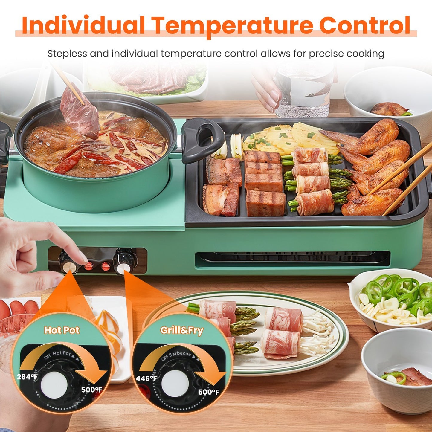 Enjoy Korean BBQ, shabu shabu, and hot pot all in one with this 3-in-1 electric grill. Features 1600W power, non-stick surface, and dual temperature control—perfect for 3–5 people.
