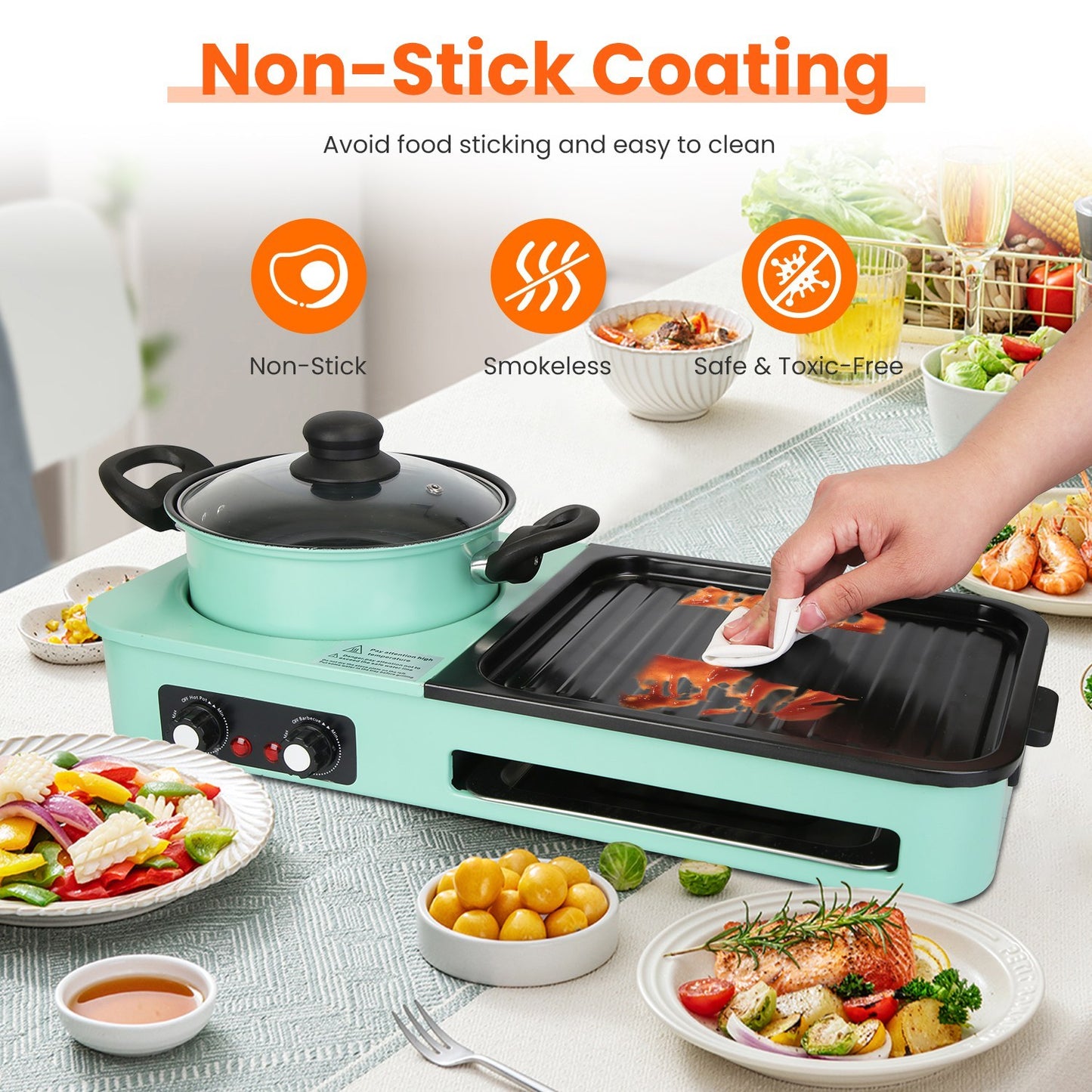 Enjoy Korean BBQ, shabu shabu, and hot pot all in one with this 3-in-1 electric grill. Features 1600W power, non-stick surface, and dual temperature control—perfect for 3–5 people.