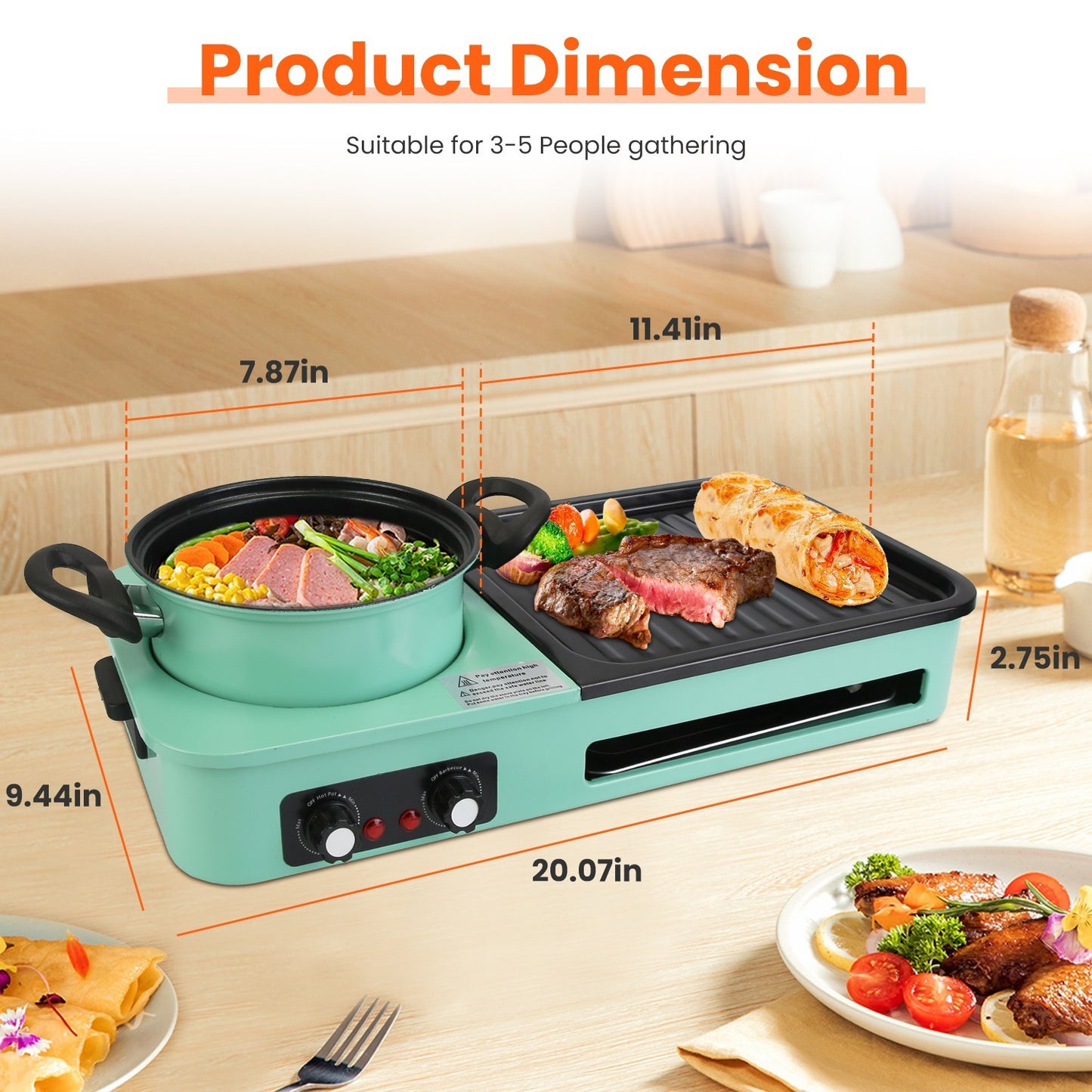Enjoy Korean BBQ, shabu shabu, and hot pot all in one with this 3-in-1 electric grill. Features 1600W power, non-stick surface, and dual temperature control—perfect for 3–5 people.